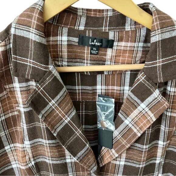 Lulus Autumnal Attitude Brown Plaid Skater Mini Dress Size XL - Picture 3 of 11